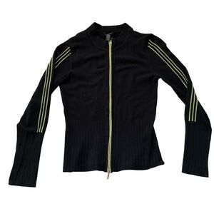 Katherine Barclay ribbed zipper sweater mock neck black lime green stripes sz S